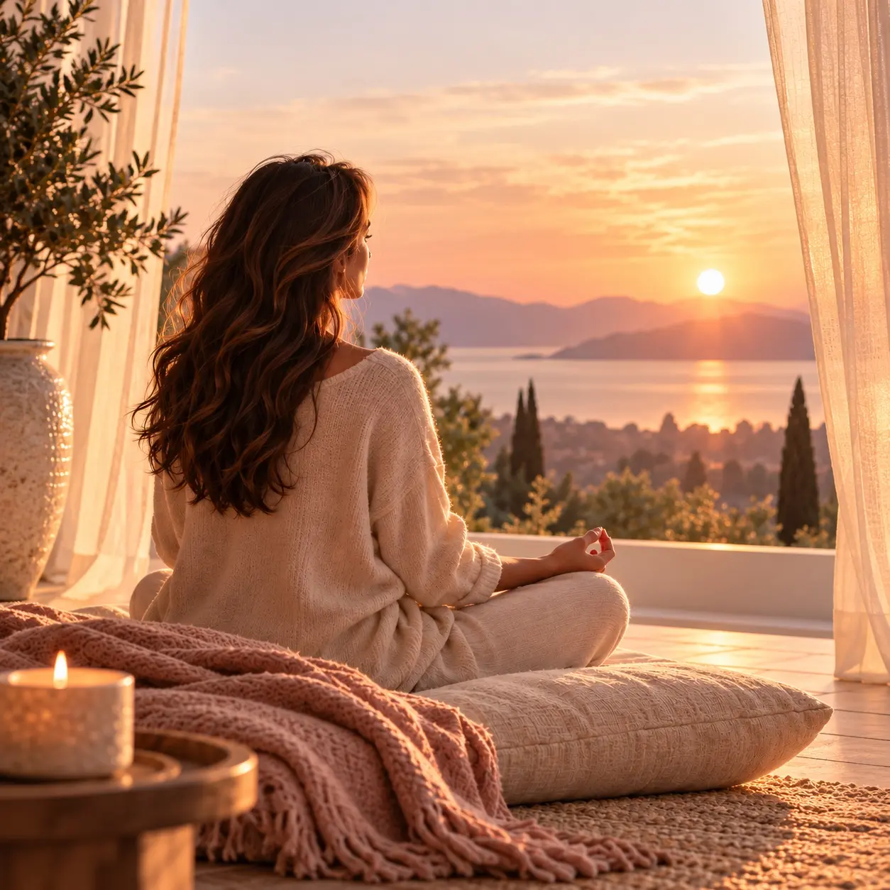 A dark-haired woman meditating peacefully in warm sunset light overlooking the sea