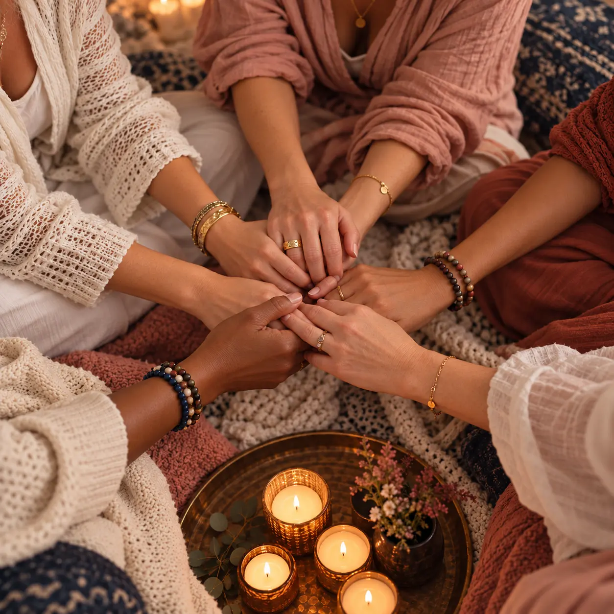 A supportive circle of women over 40 joining hands around warm candlelight